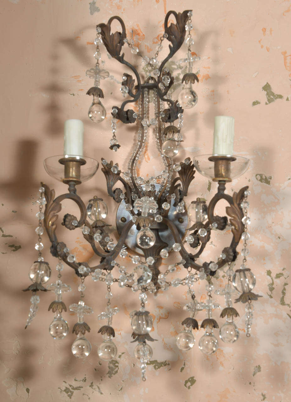 Pair French Iron and Crystal Sconces 3