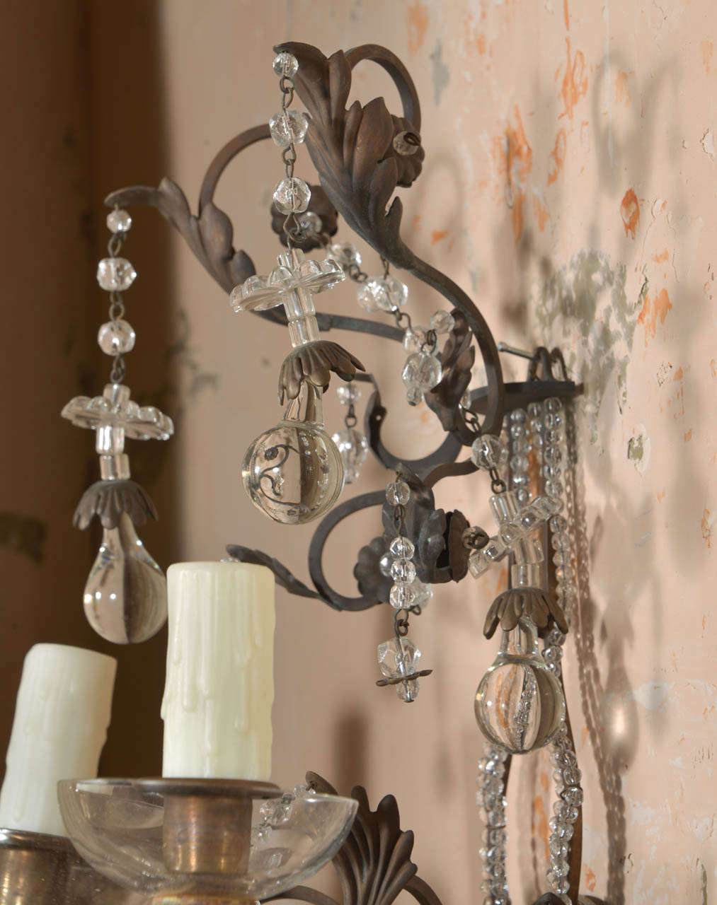Pair French Iron and Crystal Sconces 5