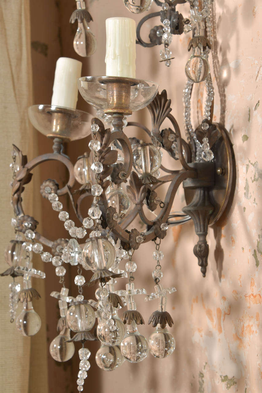 Pair French Iron and Crystal Sconces 6