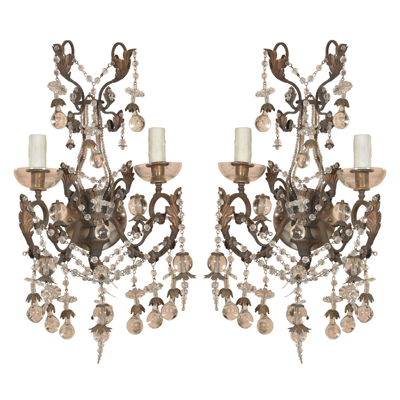 Pair French Iron and Crystal Sconces