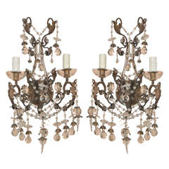 Pair French Iron and Crystal Sconces