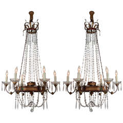Pair 19th C. Tole And Crystal Chandeliers