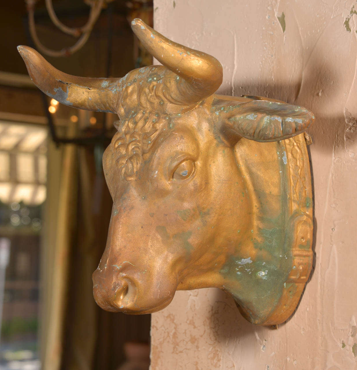 French zinc cow's head in gilded zinc. Butcher's trade sign.