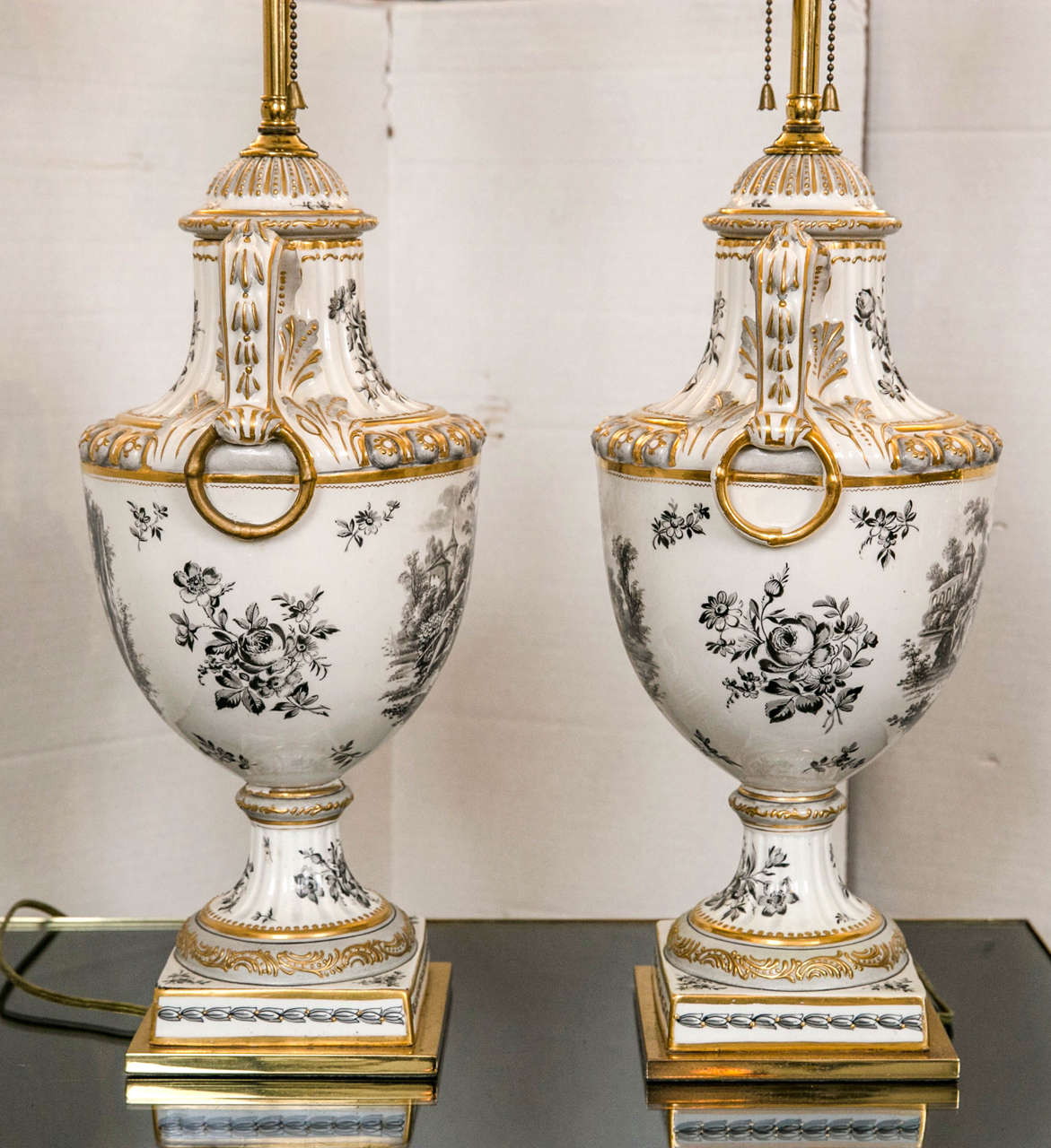 Brass Pair of 19th Century French Porcelain Urns as Table Lamps