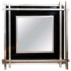 Unique 1970s Era French Black Lucite and Chrome Geometric Mirror