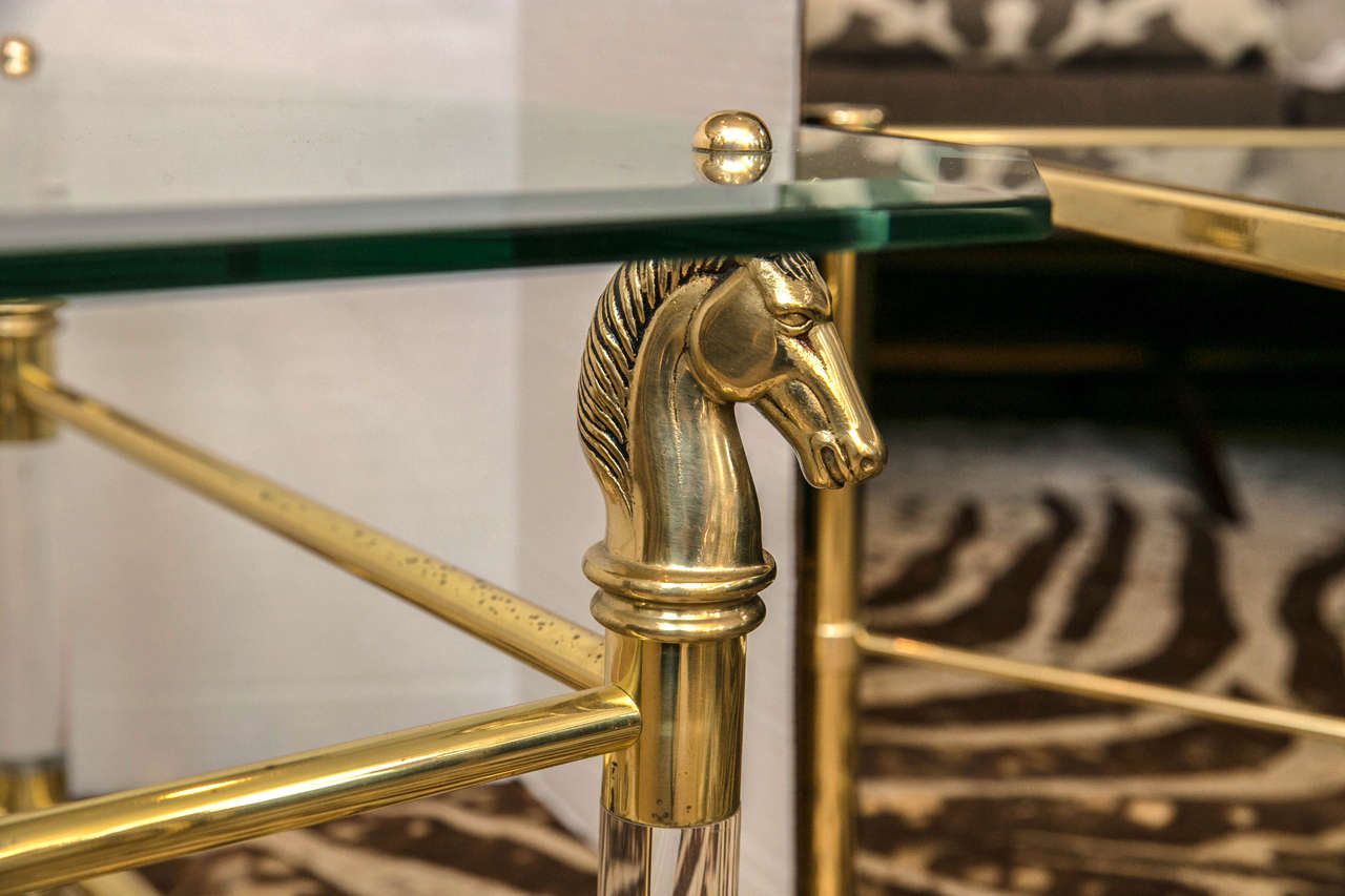 Beveled Set of Vintage French Brass and Lucite Horse Head Glass Top Tables For Sale