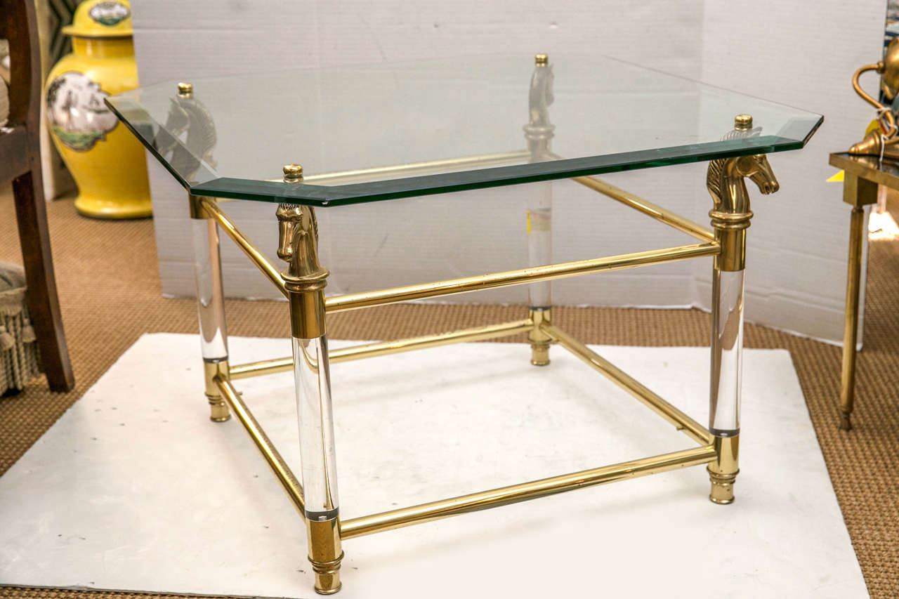 Set of Vintage French Brass and Lucite Horse Head Glass Top Tables For Sale 1