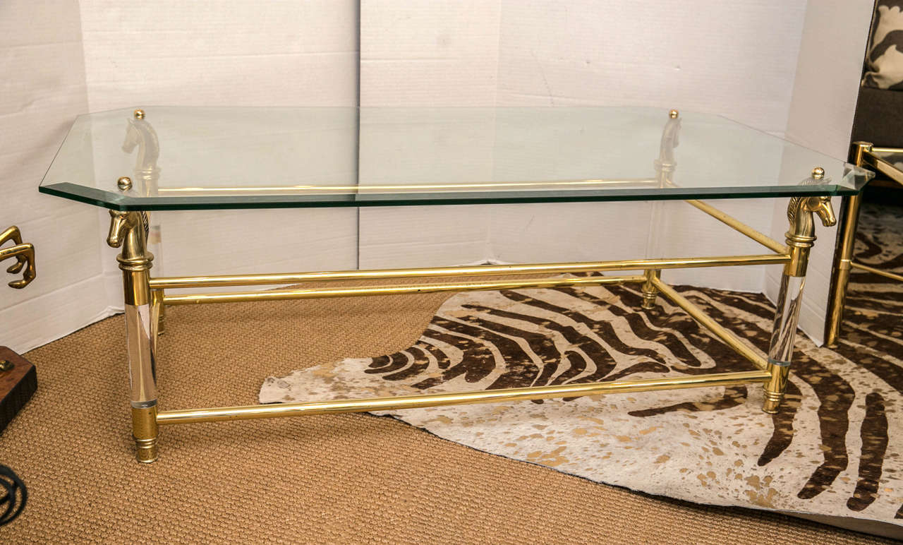 Set of Vintage French Brass and Lucite Horse Head Glass Top Tables For