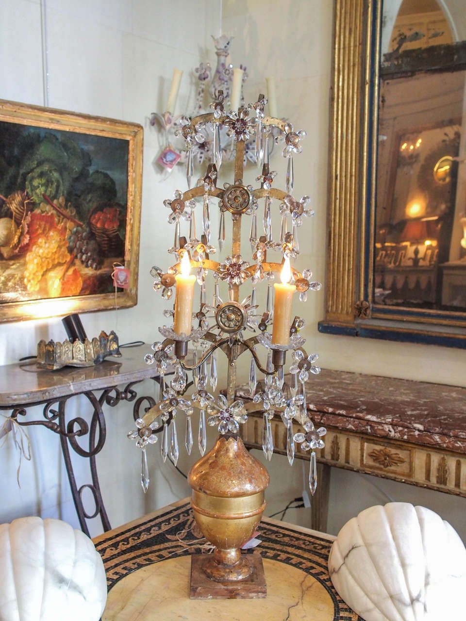 This warm and richly patinated giltwood and crystal electrified girandole, circa 1895, will add a beauty to any room. A lovely example of fin de Siecle style, it is electrified.
