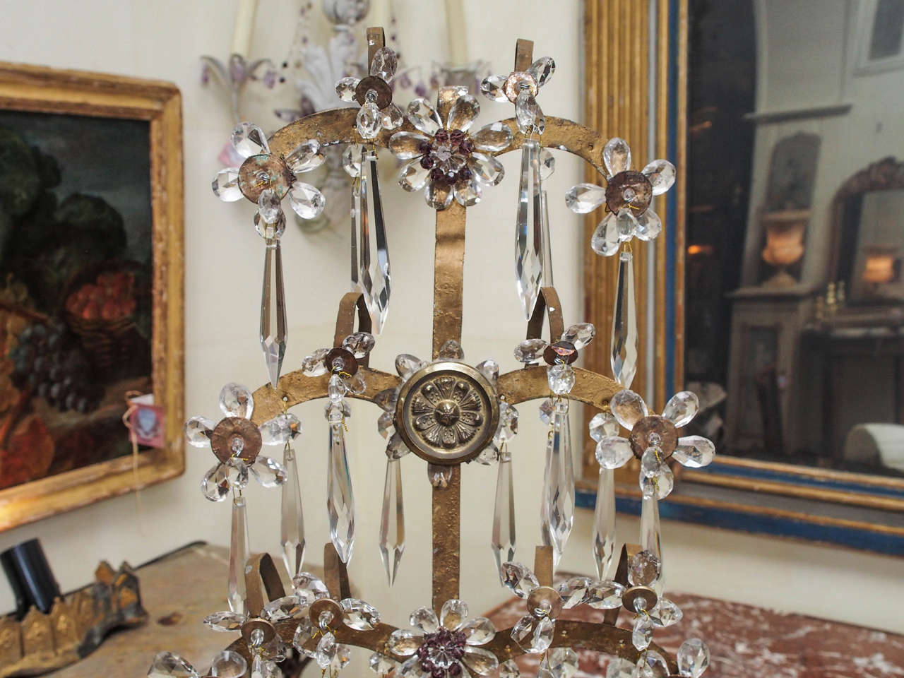 French Giltwood and Crystal Two-Light Girandole For Sale