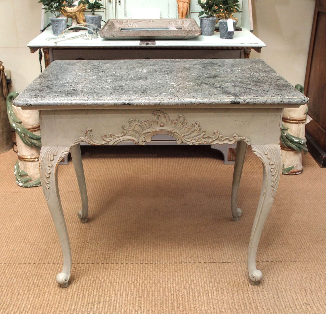 beautifully carved, lovely color, great scale 18th c period Gustavian  table with faux marble top.
