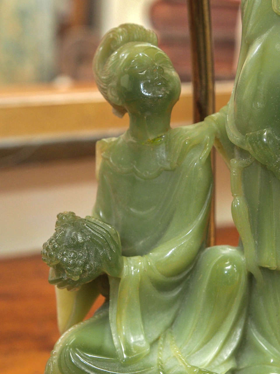 Chinese Carved Jade Figure Mounted on Carved Rosewood Base, now lamp In Good Condition In New Orleans, LA