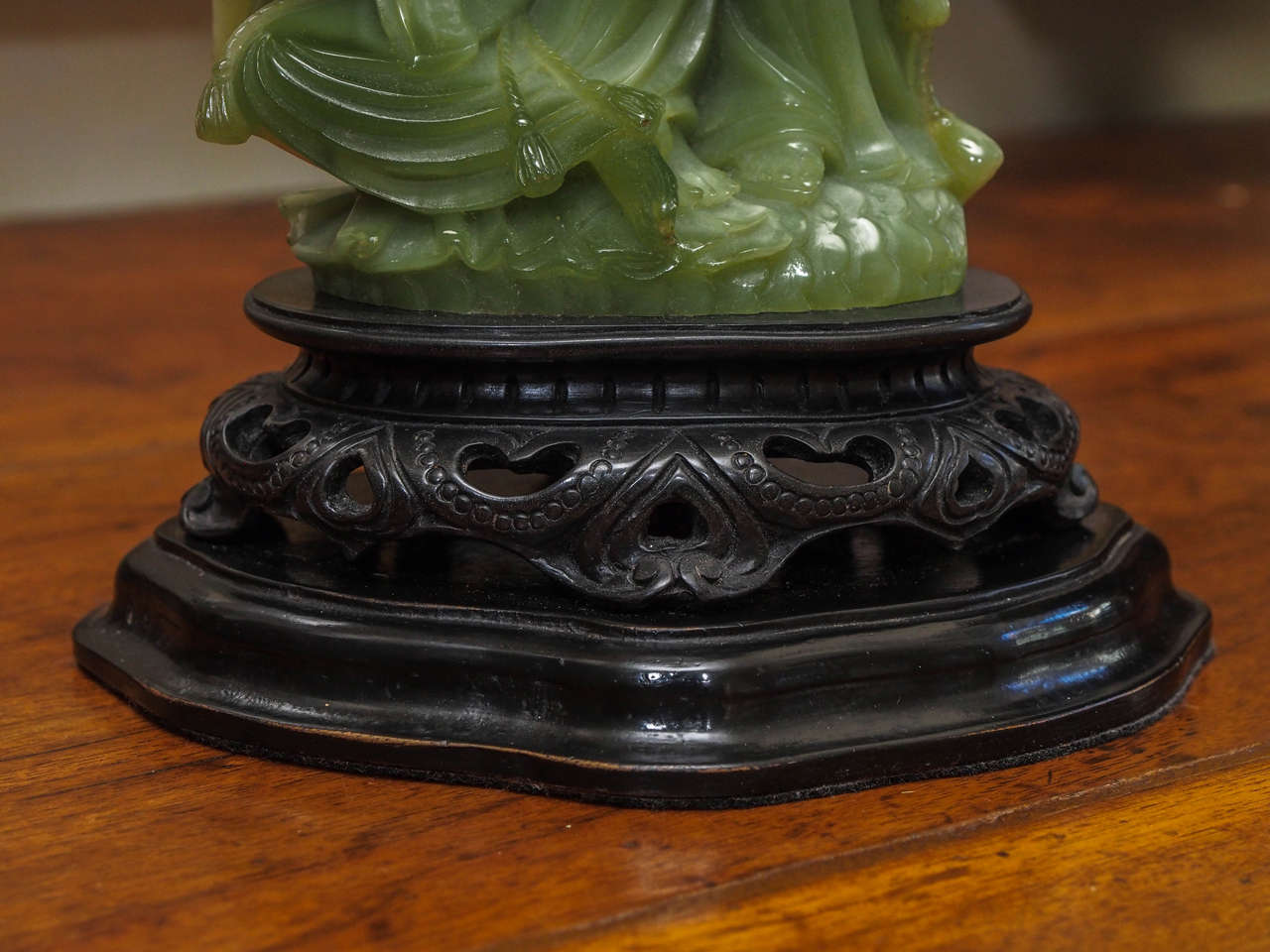 19th Century Chinese Carved Jade Figure Mounted on Carved Rosewood Base, now lamp