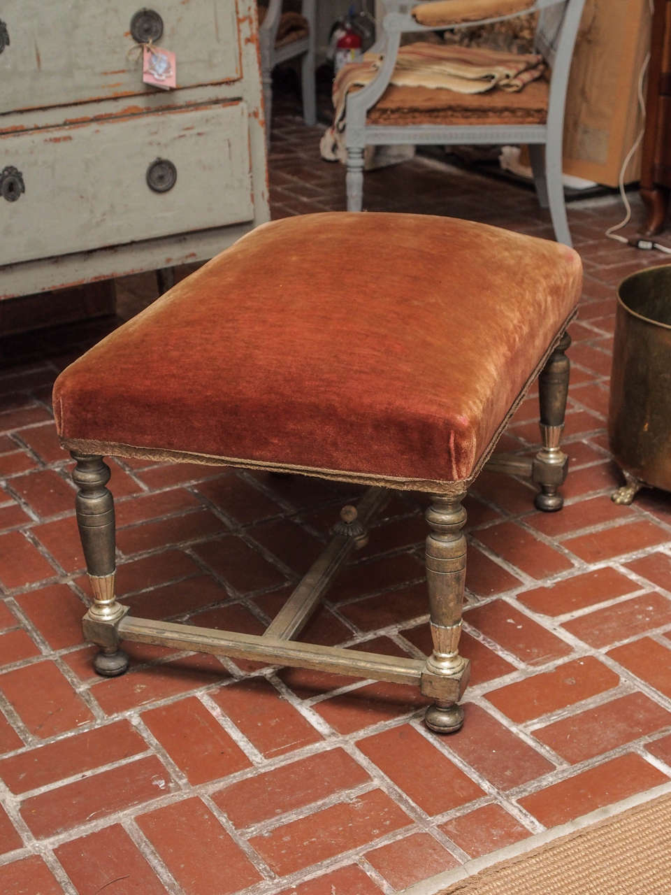 Early 20th Century Giltwood Ottoman Upholstered in Original Alpaca Fabric 2