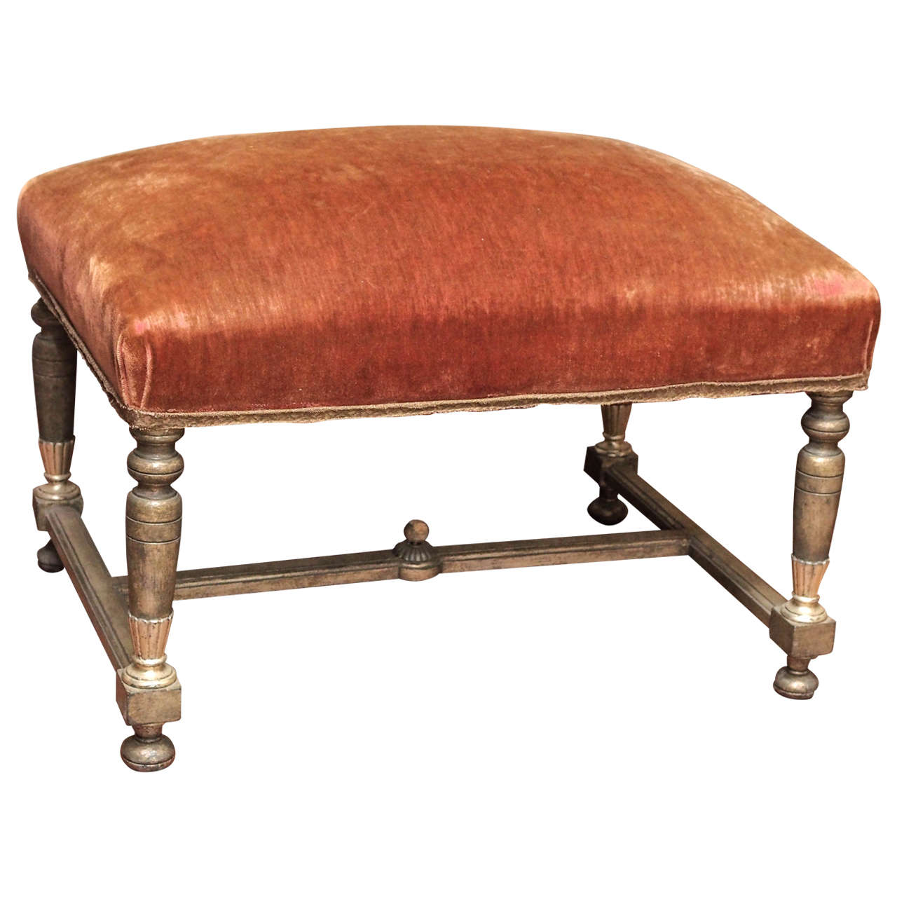 Early 20th Century Giltwood Ottoman Upholstered in Original Alpaca Fabric