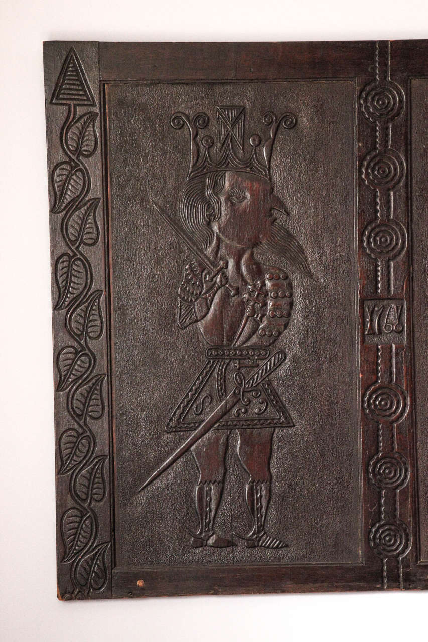 Folk Art Unique 18th Century English Carved Panel of Two Kings For Sale