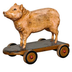 Antique Charming Folk Art Pig Pull Toy