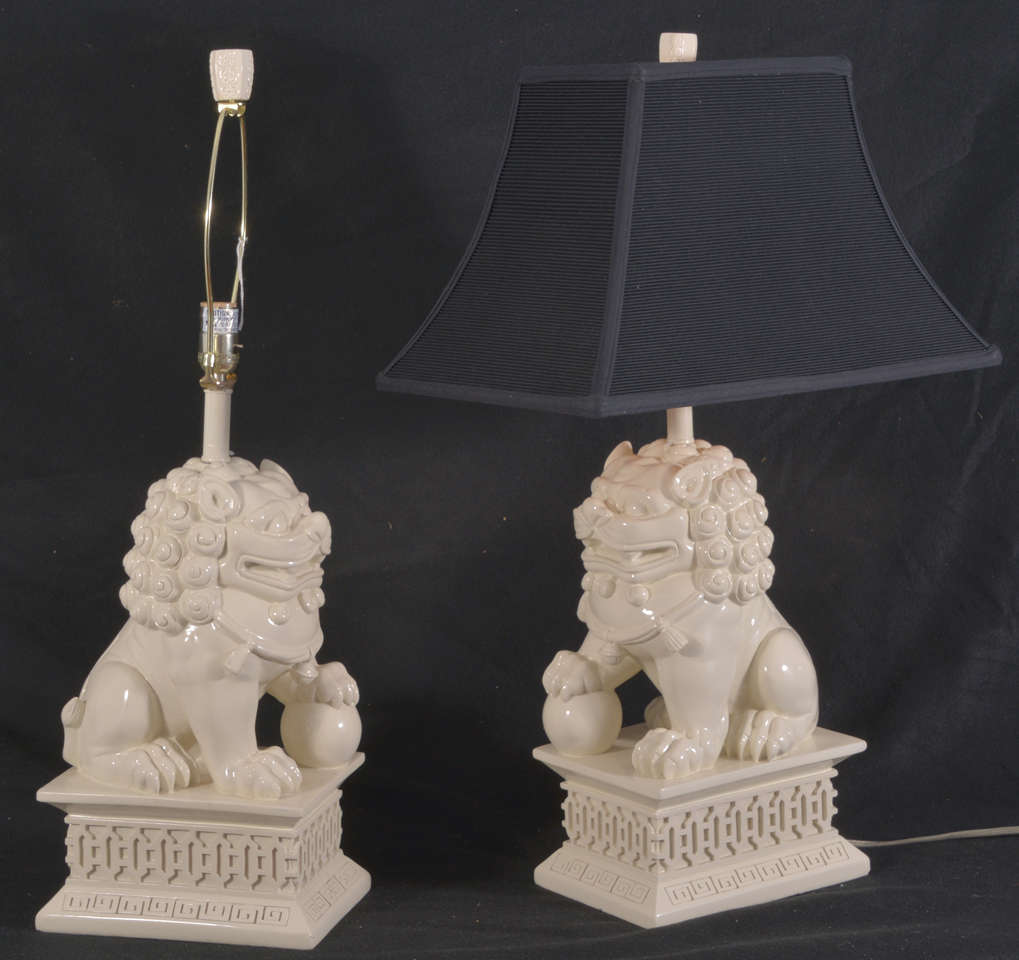 Vintage Blanc de Chine , Faux Porcelain, White Acrylic, Asian Foo Dog Table Lamps, Priced without but Shown with Black Rectangular Lamp Shades.  Lamp Shades priced at $165.00 each.