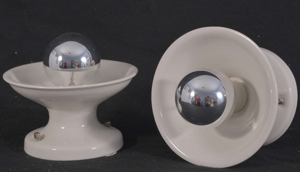 1930's Porcelain Canopy/Shade Flush mount Lighting Fixture. 3 units available now.  Clean, striking appearance shown with Mercury coated light bulb to reflect the light out of the shade.  Fixtures came Out of the University of Texas Little Campus,