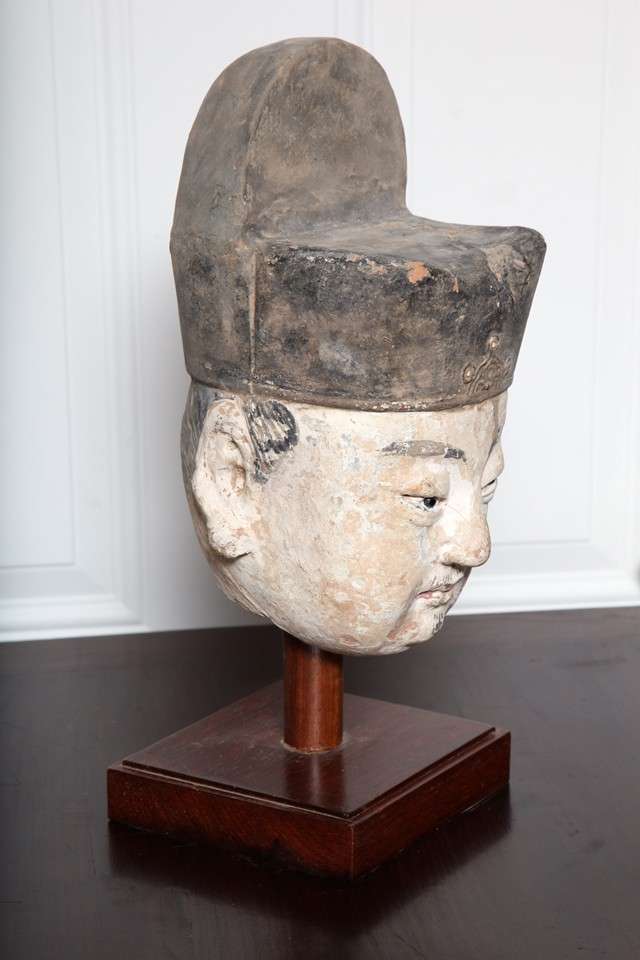 Chinese 16th Century Ming Dynasty Stucco Head of an Official with Original Paint