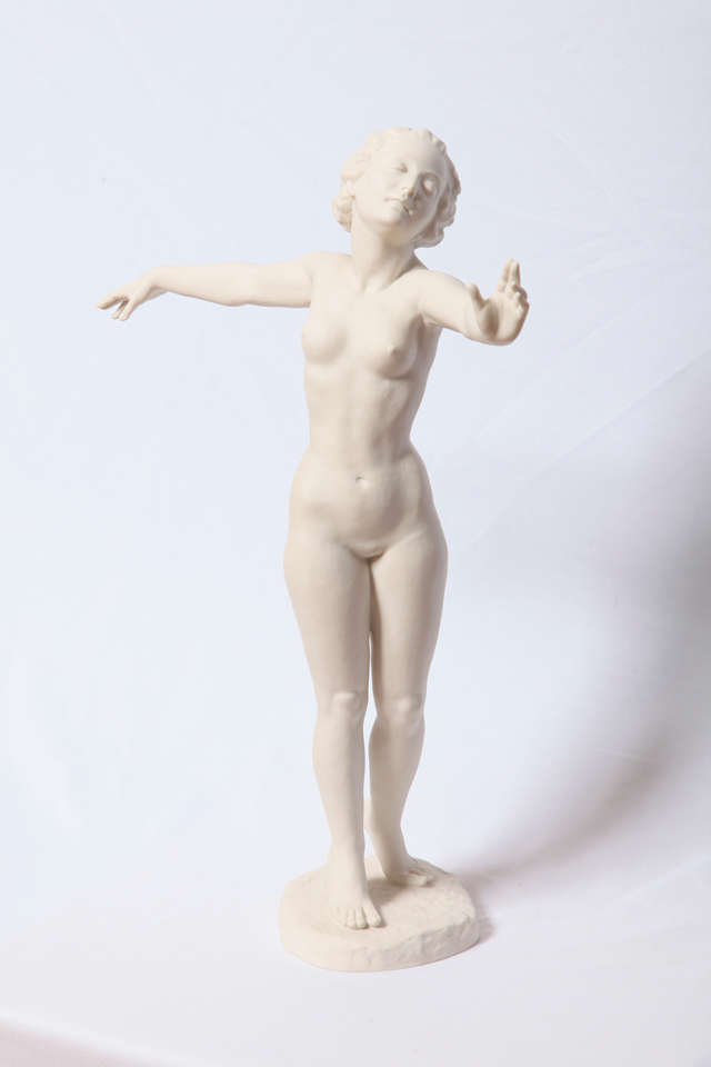 Art deco figure of a posing female nude designed by the German artist Carl Werner and executed by Hutschenreuther, German china factory in Selb. Intensive face expression with very fine details (hands and feet). Stamped signature under the base.