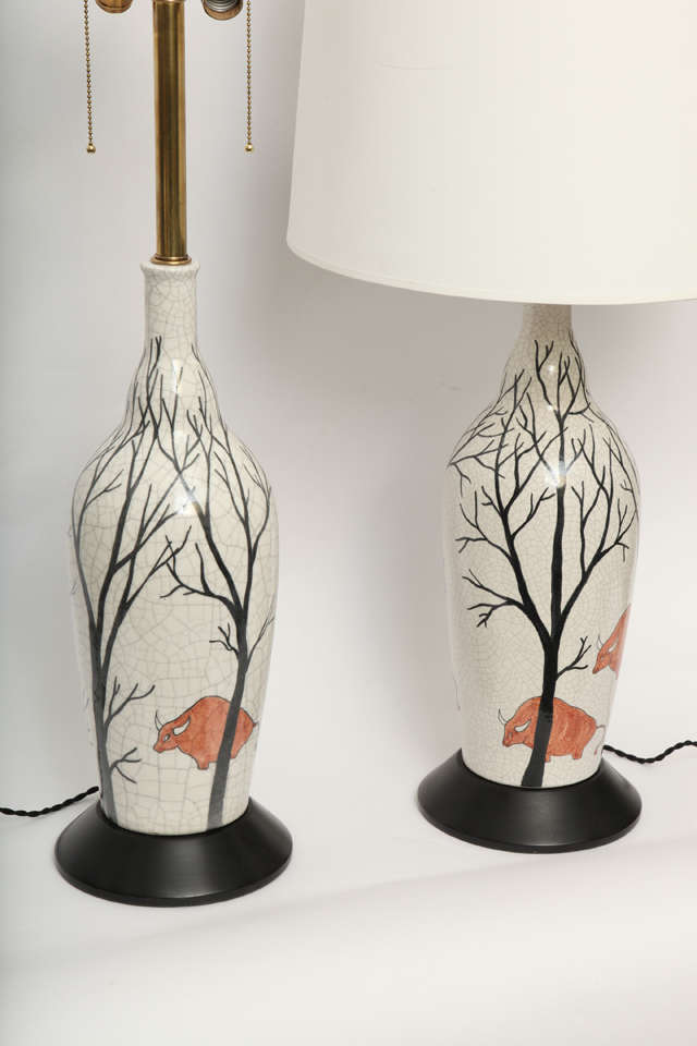 A Pair of 1950's Italian Majolica Sculptural Table Lamps signed Ernestine 11 3 53