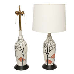 A Pair Of 1950's Italian Majolica Table Lamps Signed Ernestine