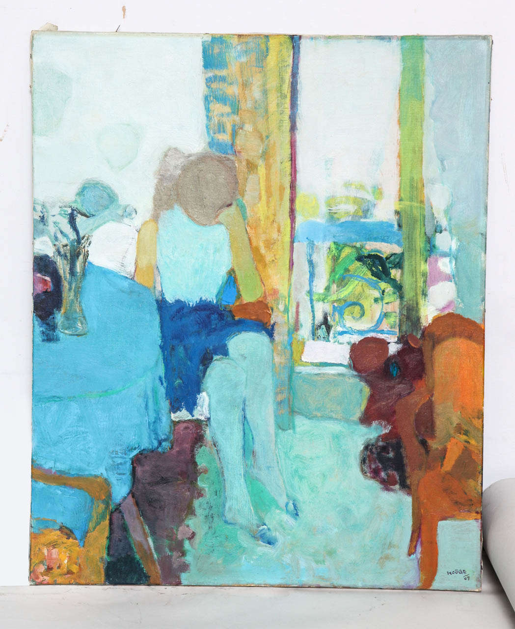 A great oil on canvas reminiscent of Bonnard.  'Femme au table Bleu' by Japanese artist Koüge who worked in Paris during the 1960s is signed and dated 1969