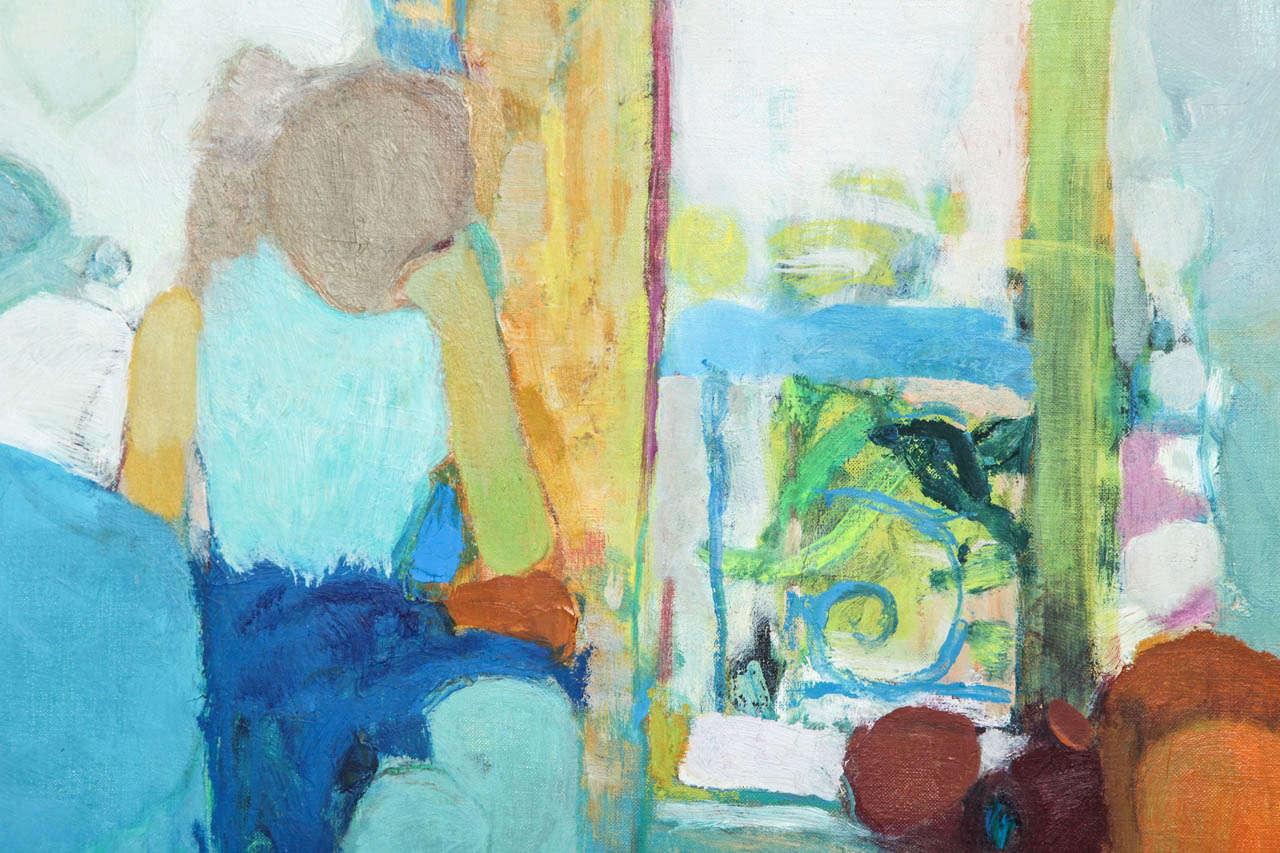Woman at Blue Table Oil on Canvas by Koüge In Excellent Condition In New York, NY