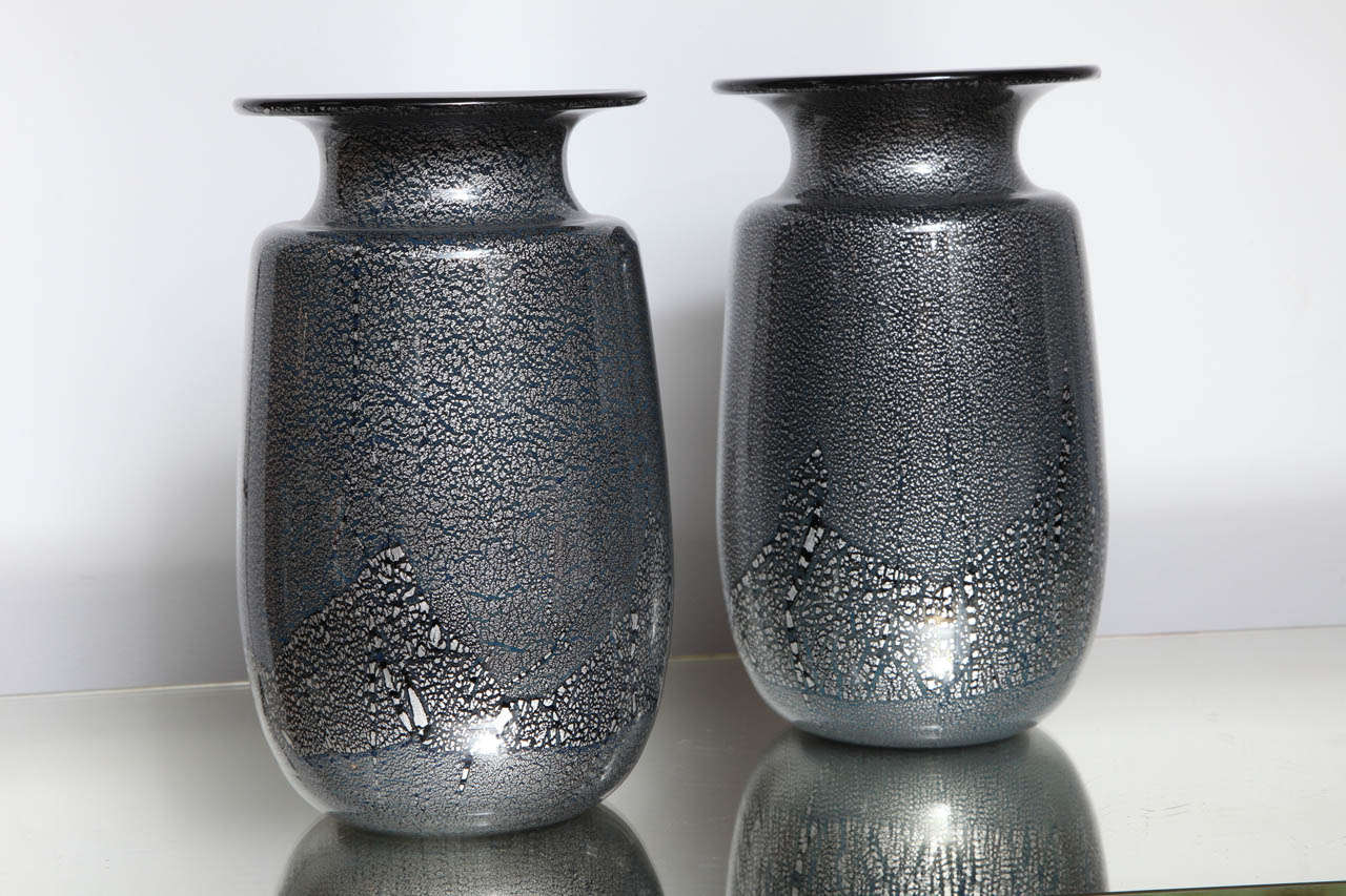 Seguso Vetri D'Arte Siver Leaf Black Glass Vases 3