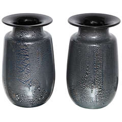 Seguso Vetri D'Arte Siver Leaf Black Glass Vases