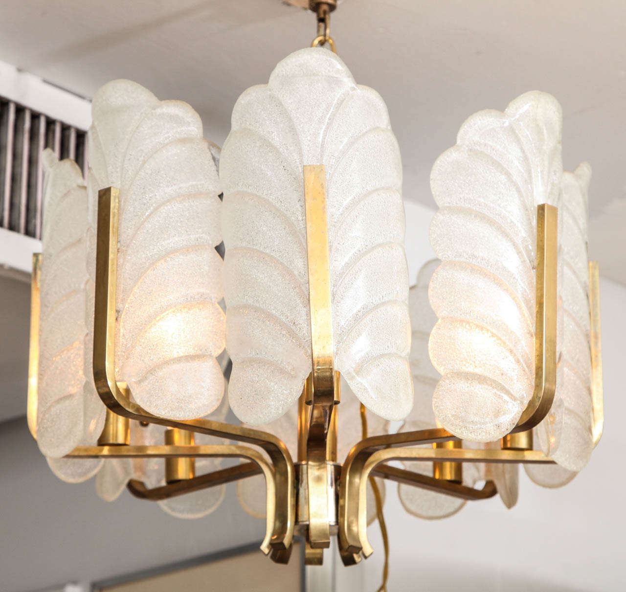 Mid-20th Century Leaf Form Murano Glass Brass Chandelier by Carl Fagerlund for Orrefors For Sale