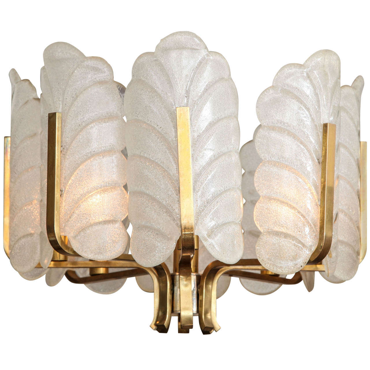 Leaf Form Murano Glass Brass Chandelier by Carl Fagerlund for Orrefors For Sale