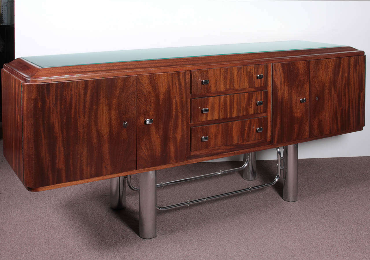 Mid-Century Modern French Modernist Sideboard in Flame Mahogany and Chromium w/ Frosted Glass Top For Sale