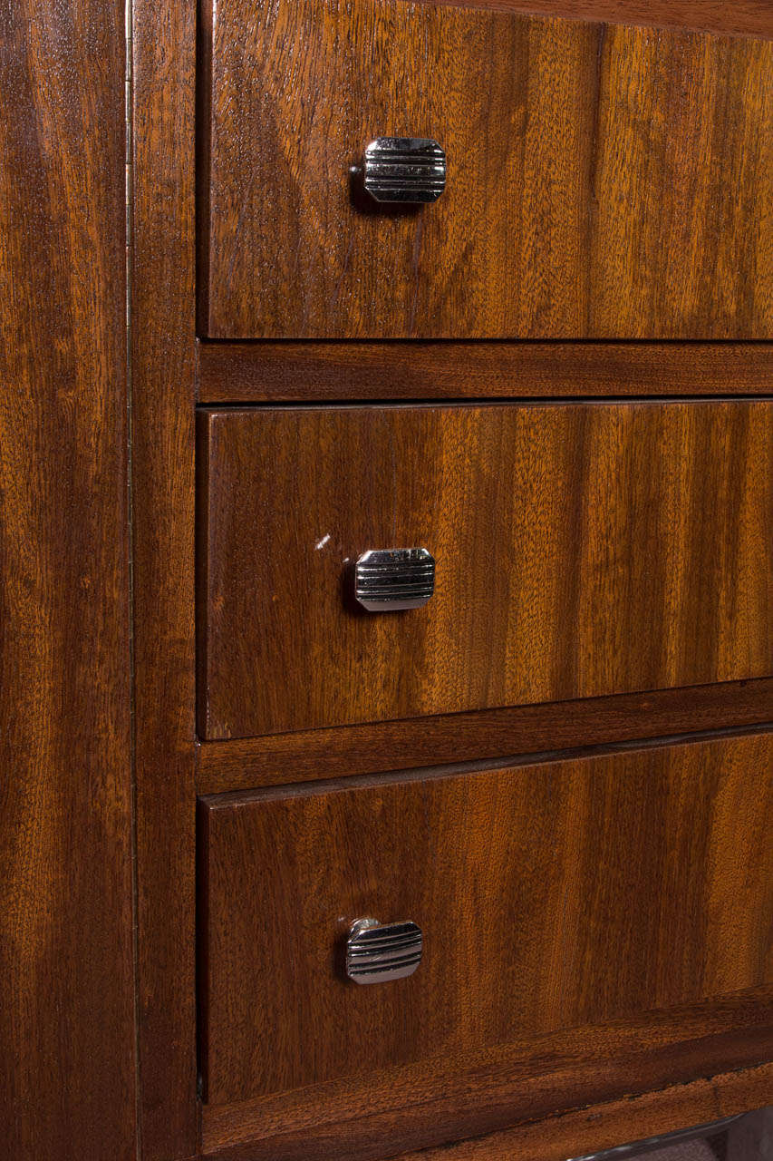 20th Century French Modernist Sideboard in Flame Mahogany and Chromium w/ Frosted Glass Top For Sale