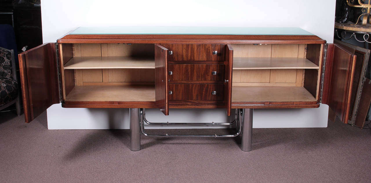 French Modernist Sideboard in Flame Mahogany and Chromium w/ Frosted Glass Top For Sale 1