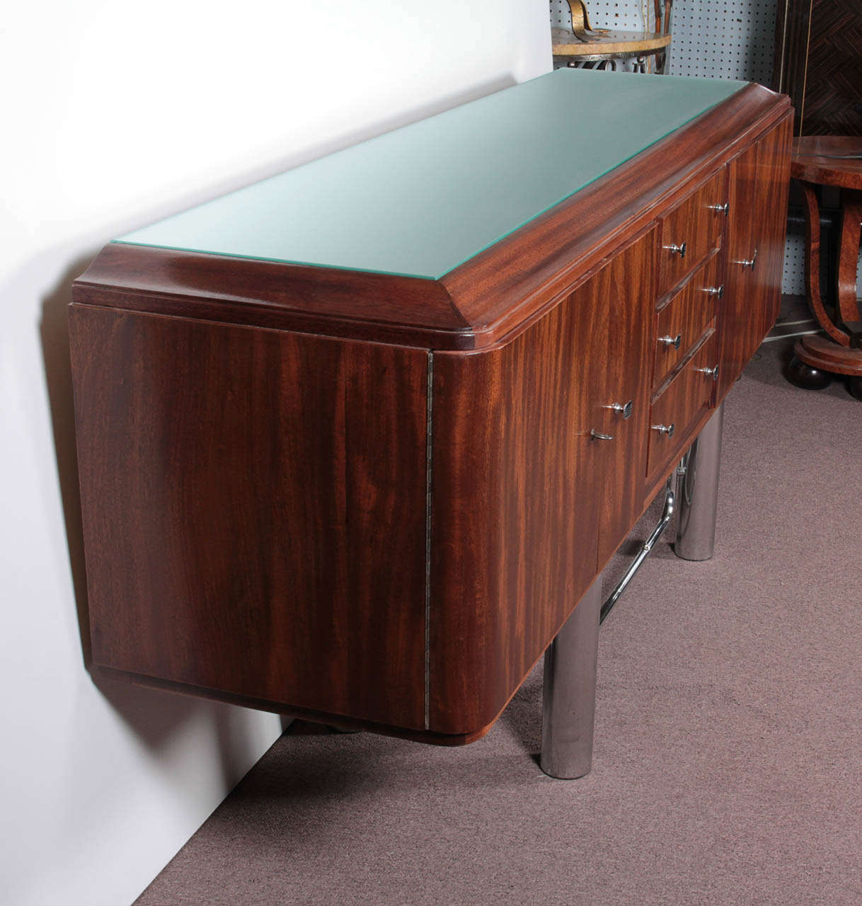 Mid-Century Modern French Modernist Sideboard in Flame Mahogany and Chromium w/ Frosted Glass Top For Sale
