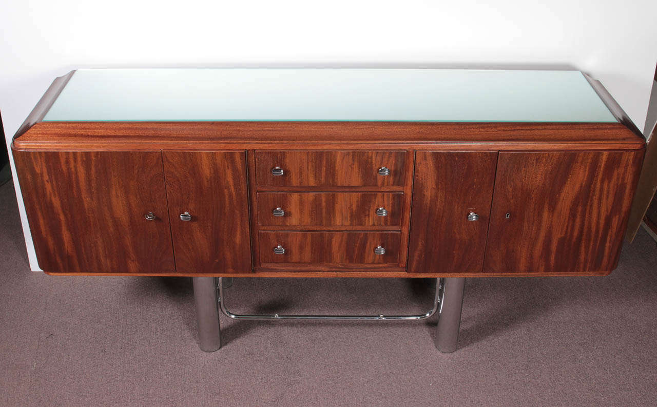 French Modernist Sideboard in Flame Mahogany and Chromium w/ Frosted Glass Top In Good Condition For Sale In New York City, NY
