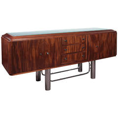 French Modern Sideboard in Flame Mahogany and Chromium with Frosted Glass Top 10
