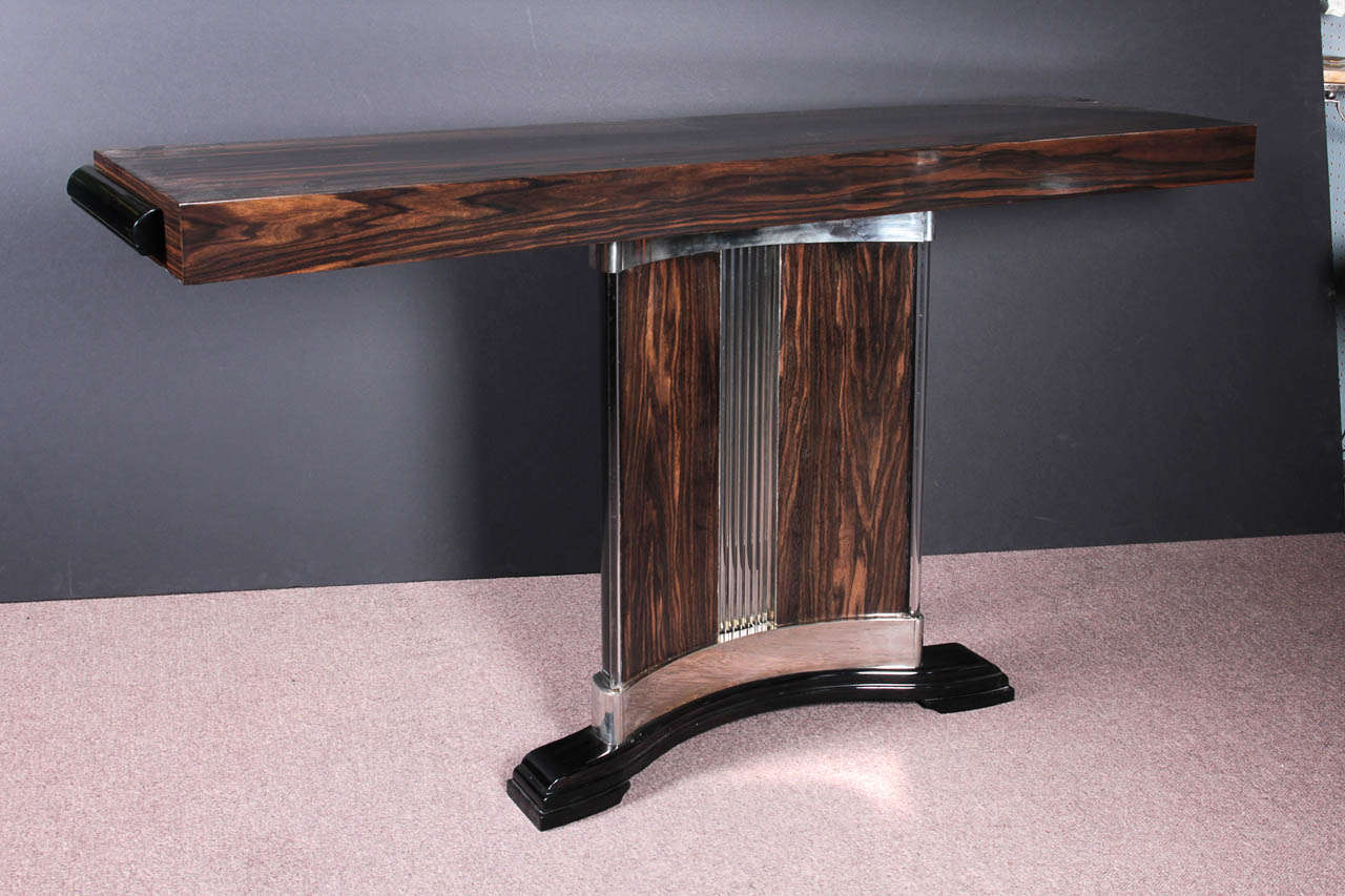 French Art Deco exotic macassar ebony, glass and nickeled bronze console- Dominique In Excellent Condition In New York City, NY