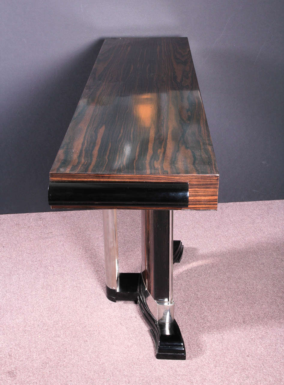 French Art Deco exotic macassar ebony, glass and nickeled bronze console- Dominique 1