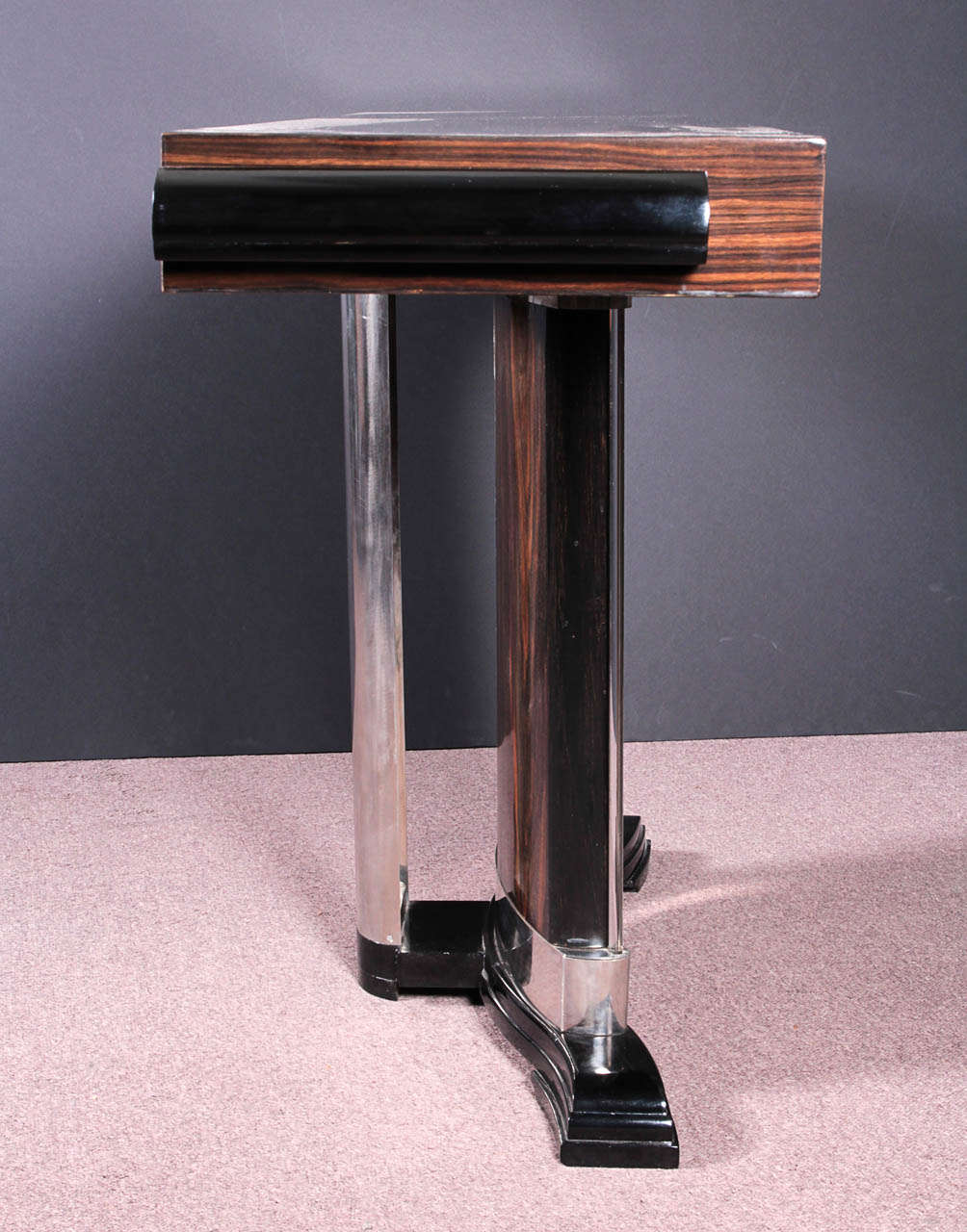French Art Deco exotic macassar ebony, glass and nickeled bronze console- Dominique 2