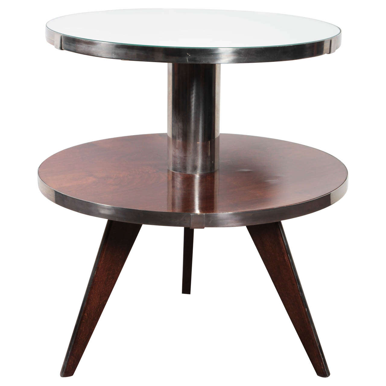 Französischer Art Deco Beistelltisch aus Holz, Spiegel, Nickel -Maurice Triboy im Angebot