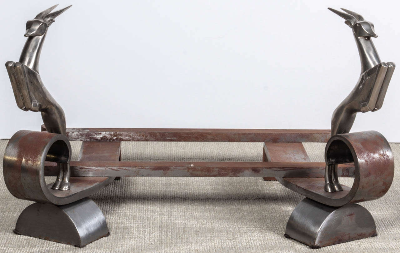 Cast Iron and Nickeled Bronze Andiron by Edgar Brandt