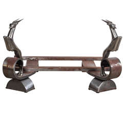 Cast Iron and Nickeled Bronze Andiron by Edgar Brandt