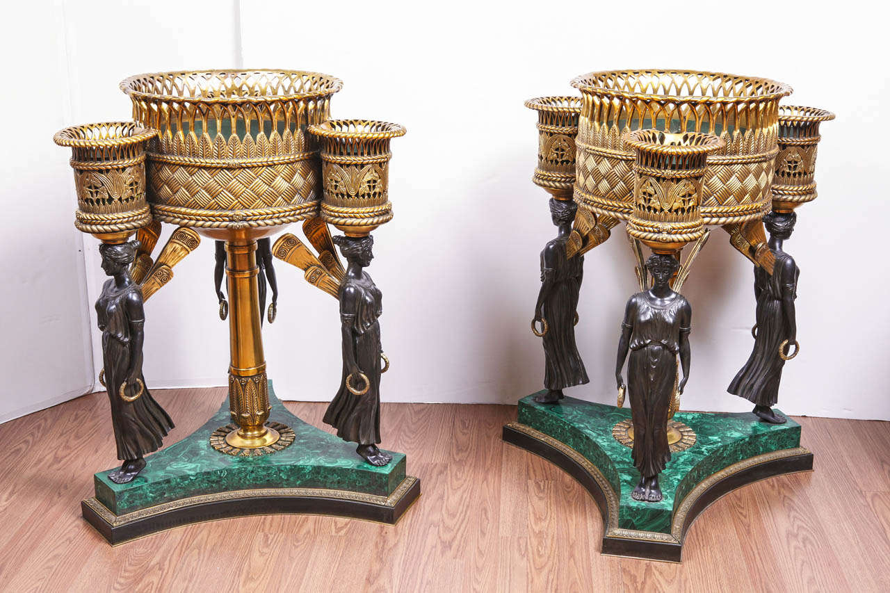 Important Russian Malachite and Bronze Planters