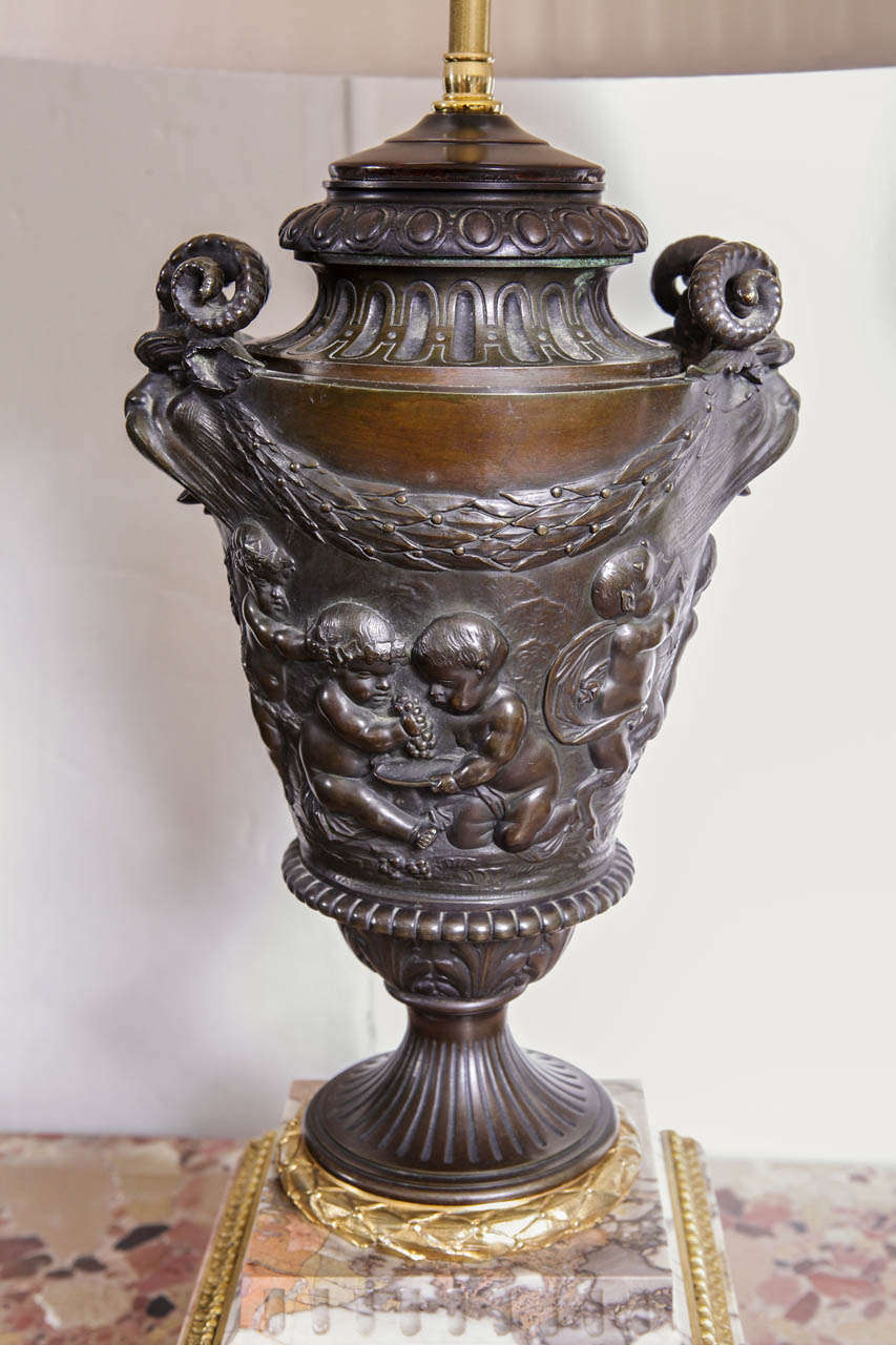 French 19th C Clodion Bronze And Marble Urn Lamps