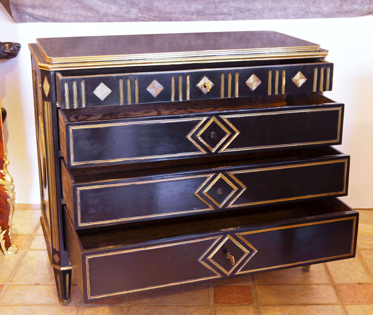 19th C Black Russian Commodes With Hand Hammered Brass Inlay In Good Condition In Dallas, TX