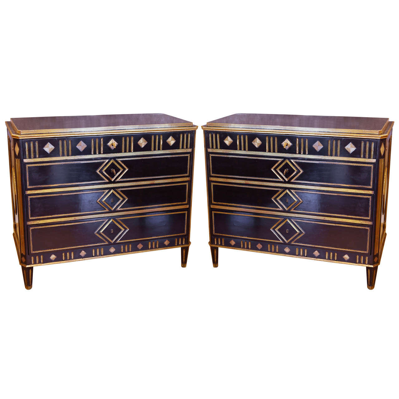 19th C Black Russian Commodes With Hand Hammered Brass Inlay