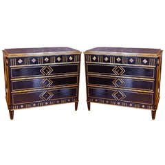 19th C Black Russian Commodes With Hand Hammered Brass Inlay